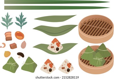 Zongzi ( sticky rice dumpling ) and dragon boat festival plant element.