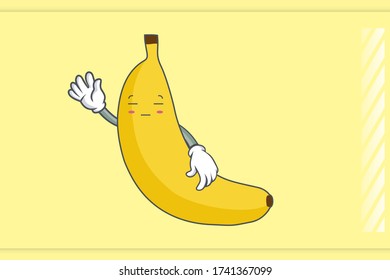 ZONK, MEDITATIVE, UNAMUSED Face Emotion. Waving Hand Hand Gesture. Banana Fruit Cartoon Drawing Mascot Illustration.