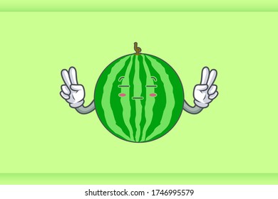 ZONK, MEDITATIVE, UNAMUSED Face Emotion. Double Peace Hand Gesture. Watermelon Fruit Cartoon Drawing Mascot Illustration.