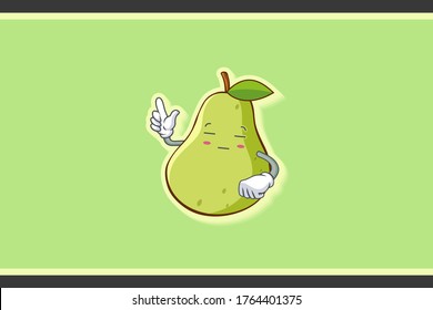 ZONK, MEDITATIVE, UNAMUSED Face Emotion. Forefinger Hand Gesture. Green Pear Fruit Cartoon Drawing Mascot Illustration.