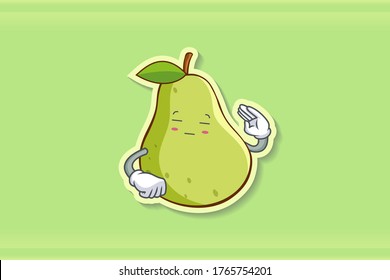 ZONK, MEDITATIVE, UNAMUSED Face Emotion. Salute Hand Gesture. Green Pear Fruit Cartoon Drawing Mascot Illustration.