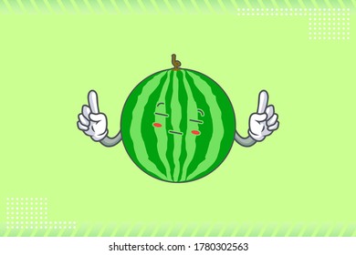 ZONK, MEDITATIVE, UNAMUSED Face Emotion. Double Forefinger Hand Gesture. Watermelon Fruit Cartoon Drawing Mascot Illustration.