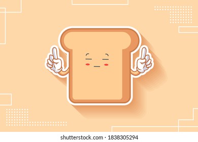 ZONK, MEDITATIVE, UNAMUSED Face Emotion. Double Forefinger Gesture. Bread Food Cartoon Drawing Mascot Illustration.