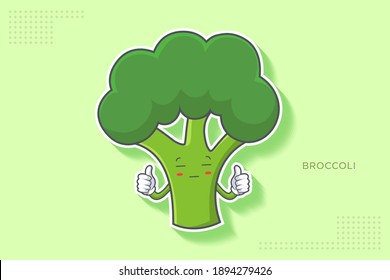 ZONK, MEDITATIVE, UNAMUSED Face Emotion. Double Thumb Up Finger Hand Gesture. Broccoli Vegetable Cartoon Drawing Mascot Illustration.