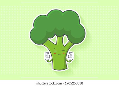 ZONK, MEDITATIVE, UNAMUSED Face Emotion. Double Nice Finger Hand Gesture. Broccoli Vegetable Cartoon Drawing Mascot Illustration.
