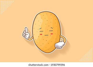 ZONK, MEDITATIVE, UNAMUSED Face Emotion. ForeFinger Hand Gesture. Potato Vegetable Character Cartoon Drawing Mascot Illustration.