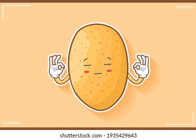 ZONK, MEDITATIVE, UNAMUSED Face Emotion. Double Nice Hand Gesture. Potato Vegetable Character Cartoon Drawing Mascot Illustration.