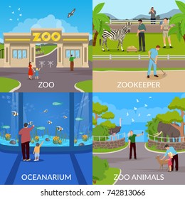 Zoo 2x2 design concept set of entry in zoo  zookeeper oceanarium and animals square  flat icons vector illustration 