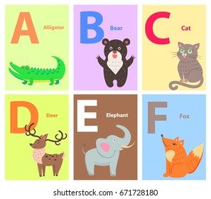 Zoo ABC english alphabet concept with latin letters and funny cartoon wild, domestic animals flat vectors on colorful backgrounds with caption for children book, textbook illustrations