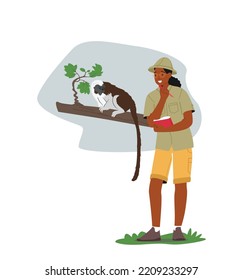 Zoo Activist Character Learn Wildlife. Zoologist Study Monkeys In Their Natural Habitat. Scientist Exploring And Investigating Tameless Animals. Expedition To Wild Nature. Cartoon Vector Illustration