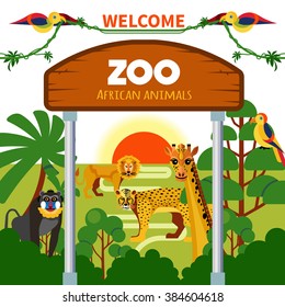 Zoo african animals with exotic birds at sunrise or sunset vector illustration