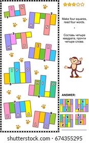 Zoo or african animals themed IQ training abstract visual word puzzle (English language): Make four squares, read four words. Same task text in Russian. Answer included.
