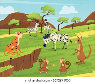 Zoo, African Wild Animals on Nature Background, Tiger Sitting on Rock, Grazing Zebras Herd, Apes or Monkeys, Kangaroo. Predators, Herbivorous Living Together, Wildlife Cartoon Flat Vector Illustration