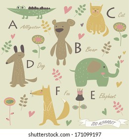 Zoo alphabet with a, b, c, d, f, e letters. Cute alligator, bear, cat, dog, elephant, fox and flowers in cartoon style