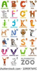 Zoo alphabet. Animal alphabet. Letters from A to Z. Cartoon cute animals isolated on white background. Different animals