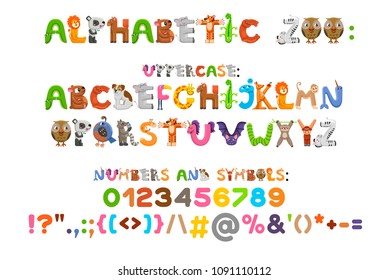 Zoo alphabet. Animal alphabet. Letters from A to Z. Cartoon cute animals isolated on white background. Different animals. Vector color font with uppercases, numbers and symbols.