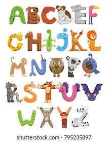 Zoo alphabet. Animal alphabet. Letters from A to Z. Cartoon cute animals isolated on white background. Different animals. Alligator, bear, cat, dog, elephant, flamingo, giraffe, horse  and others
