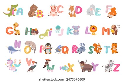 Zoo alphabet. Capital letters and cartoon animals. Lion giraffe otter hedgehog and raccoon. Cute unicorn tiger and squirrel. Childish nowaday vector set