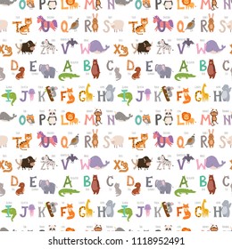 Zoo alphabet with cartoon animals seamless pattern background funny letters wildlife learn typography font language vector illustration.