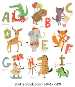 Zoo Alphabet for children. Set of letters and illustrations. Cute animals