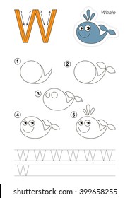 Zoo alphabet complete. Learn handwriting. Drawing tutorial for letter W