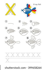 Zoo alphabet complete. Learn handwriting. Drawing tutorial for letter X