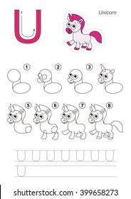 Zoo alphabet complete. Learn handwriting. Drawing tutorial for letter U