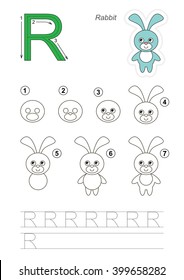 Zoo alphabet complete. Learn handwriting. Drawing tutorial for letter R