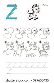 Zoo alphabet complete. Learn handwriting. Drawing tutorial for letter Z