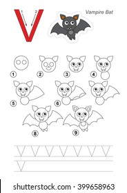 Zoo alphabet complete. Learn handwriting. Drawing tutorial for letter V