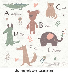 Zoo alphabet with cute animals. A, b, c, d, e, f letters. Alligator, bear, cat, dog, elephant, fox.