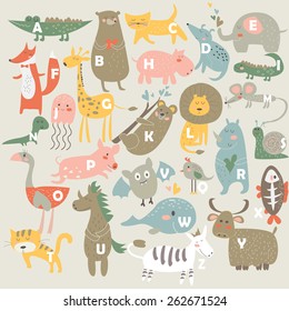 Zoo alphabet with cute animals in cartoon style