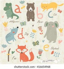 Zoo alphabet with cute animals in cartoon style. A, b, c, d, e, f letters. Alligator, bear, cat, dog, elephant and fox. 