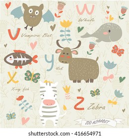 Zoo alphabet with cute animals in cartoon style. V,  w, x, y, z letters. Vampire bat, whale, x-ray fish, yak, zebra.