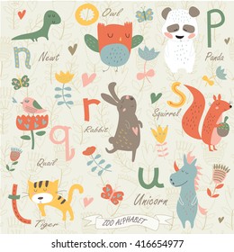 Zoo alphabet with cute animals in cartoon style. n, o, p, q, r, s, t, u  letters. Newt, owl, panda, quail, rabbit, squirrel, tiger, unicorn.