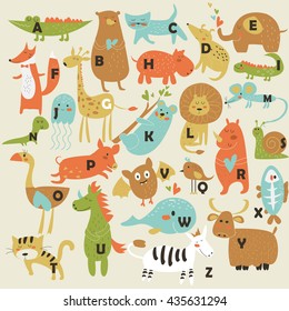 Zoo alphabet with cute animals in cartoon style