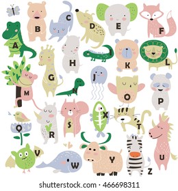 Zoo alphabet with cute animals in cartoon style