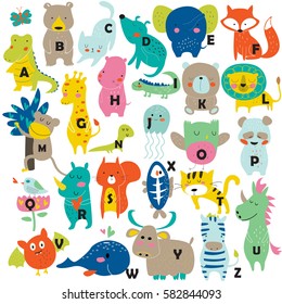 Zoo alphabet with cute animals in cartoon style