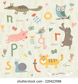 Zoo alphabet with cute animals. N, o, p, r, q, s, t letters. Numbat, owl, quail, pig, rabbit, snail, tiger in cartoon style.