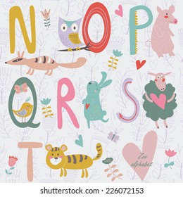 Zoo alphabet with cute animals. N, o, p, q, r, s, t  letters. Numbat, owl, pig, quail, rabbit, sheep and tiger in cartoon style.