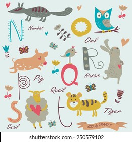 Zoo alphabet with cute animals. N, o, p, r, q, s, t letters. Numbat, owl, quail, pig, rabbit, sheep, tiger in cartoon style.