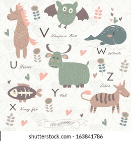 Zoo alphabet with cute animals. U, v, w, x, y, z letters. Unicorn, vampire bat, whale, x-ray fish, yak and zebra in cartoon style. Cute flowers and hearts.