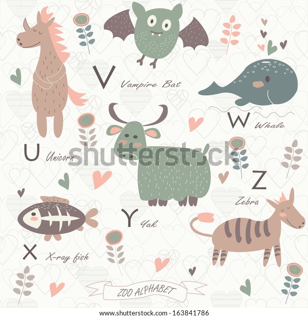 Zoo alphabet with cute animals. U, v, w, x, y, z letters. Unicorn, vampire bat, whale, x-ray fish, yak and zebra in cartoon style. Cute flowers and hearts.