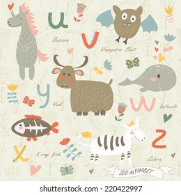 Zoo alphabet with cute animals. u,v,w,x,y,z letters. Unicorn, vampire bat, whale, x-ray fish, yak, zebra in cartoon style.