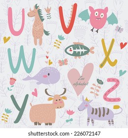 Zoo alphabet with cute animals.U, v, w, x, y, z  letters. Unicorn, vampire bat, whale, x-ray fish, yak and zebra in cartoon style.