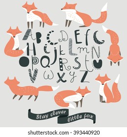 Zoo alphabet with cute foxes in cartoon style