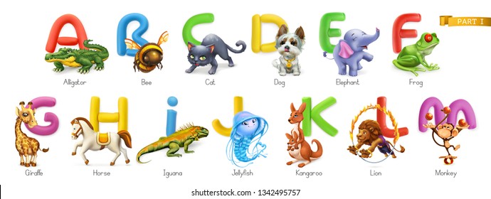 Zoo alphabet. Funny animals, 3d vector icons set. Letters A - M Part 1. Alligator, bee, cat, dog, elephant, frog, giraffe, horse, iguana, jellyfish, kangaroo, lion, monkey.