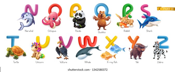 Zoo alphabet. Funny animals, 3d vector icons set. Letters N - Z Part 2. Narwhal, octopus, panda, quokka, rabbit, shark, turtle, unicorn, vulture, whale, x-ray fish, yak, zebra
