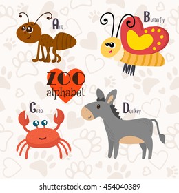 Zoo alphabet with funny animals. A, b, c, d letters. Ant, butterfly, crab, donkey. Vector illustration