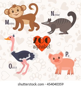 Zoo alphabet with funny animals. M, n, o, p letters. Monkey, numbat, ostrich, pig. Vector illustration